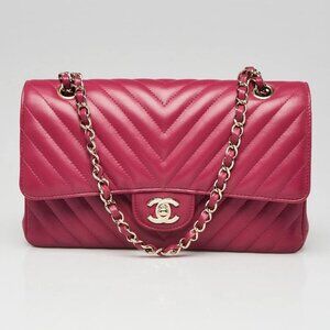Chanel Fuchsia Chevron Quilted Lambskin Leather Classic Medium Double Flap Bag